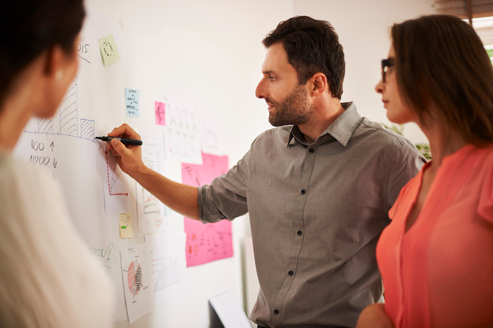 Equipe de marketing discutindo o planejamento estratégico, tático e operacional.